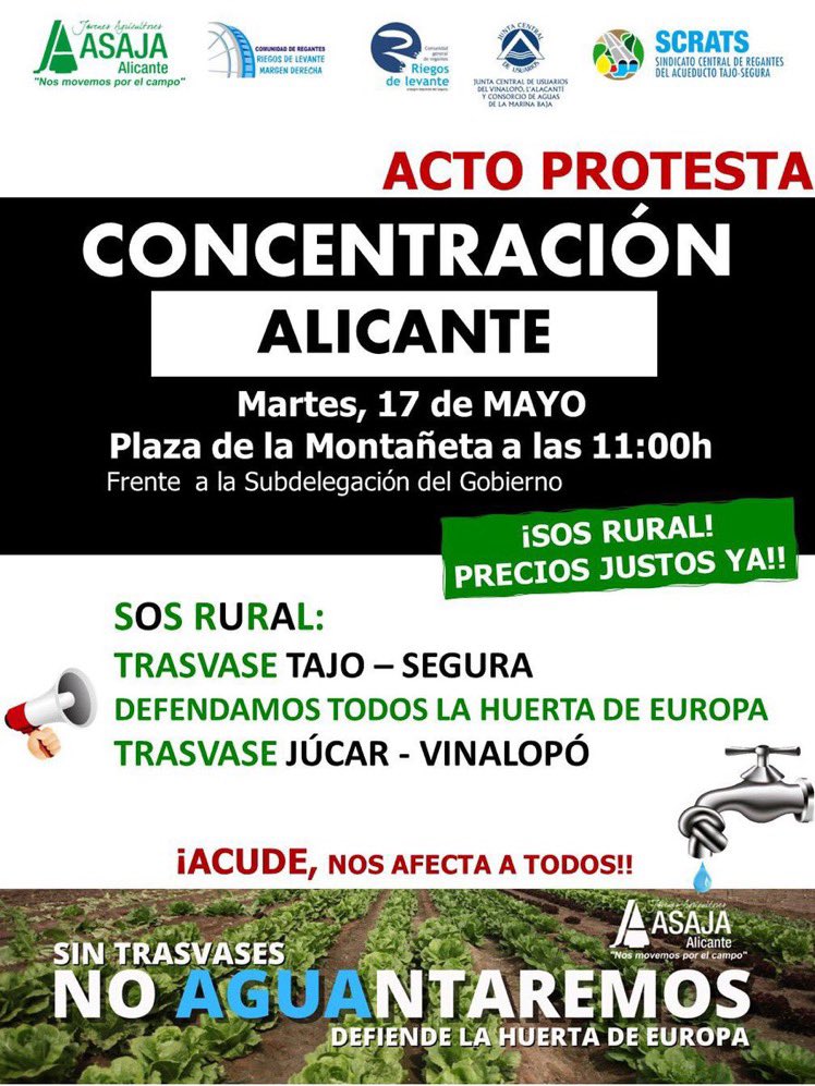 🚨🚨¡Sánchez y Puig nos ahogan! ☠️ 

- Apunta la fecha ✍🏻 👇

🗓 El martes 17 vamos a defender el agua para #Alicante. 

📍 Plaza de la Montañeta a las 11:00h 🕙

❌ SOCIALISMO O AGUA💧

¡¡Te esperamos!!

#AguaoPSOE  #SOSrural