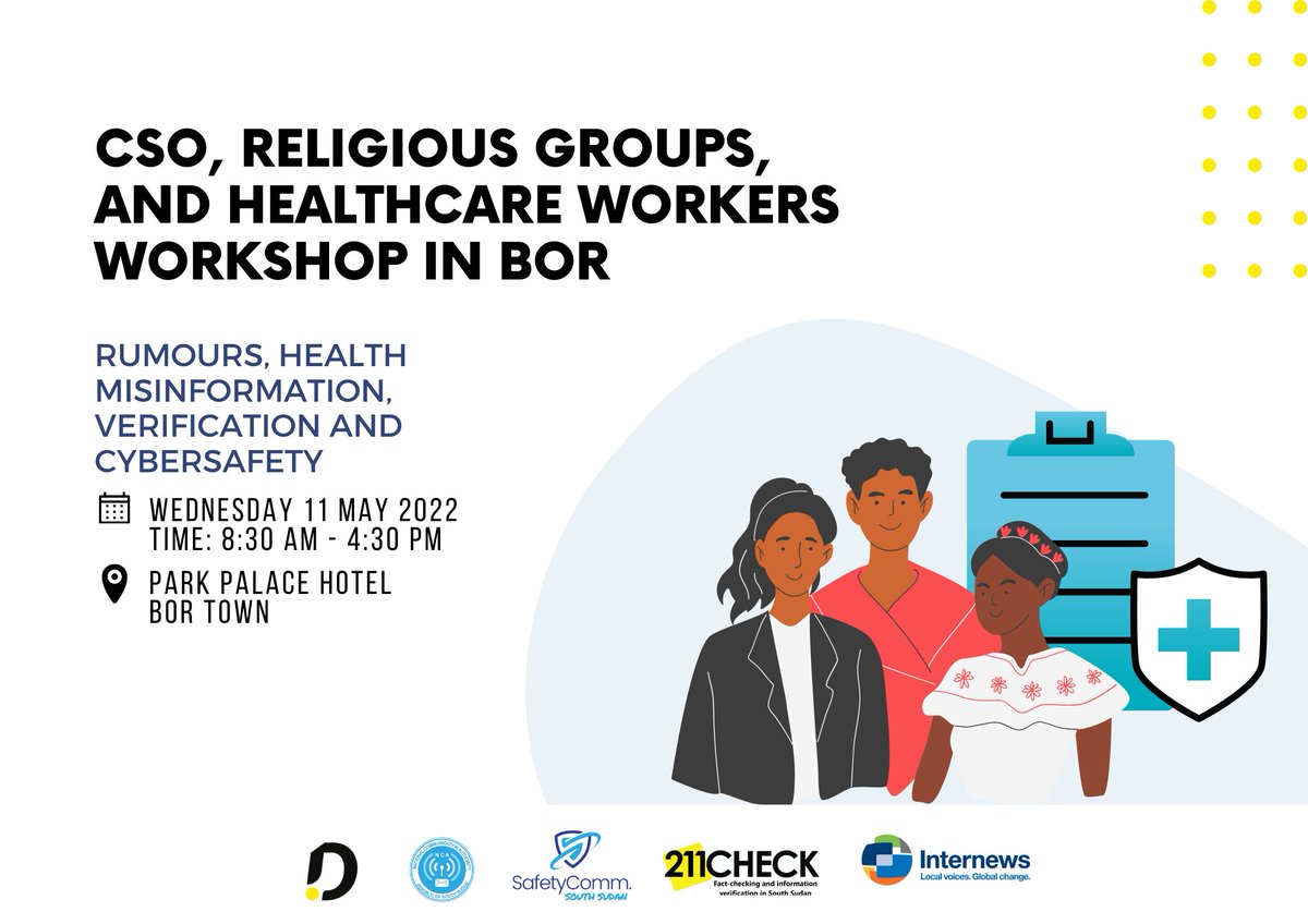 <a href="/DefyhatenowEA/">#defyhatenow_East Africa</a> invites civil society, religious leaders and healthcare workers in Bor, to a 1-day workshop on rumor management and health misinformation coming up next Wednesday, 11 May at Park Palace Hotel supported by <a href="/Internews/">Internews</a> @NcaSsd 
Register here: ow.ly/EM2X50J18K2