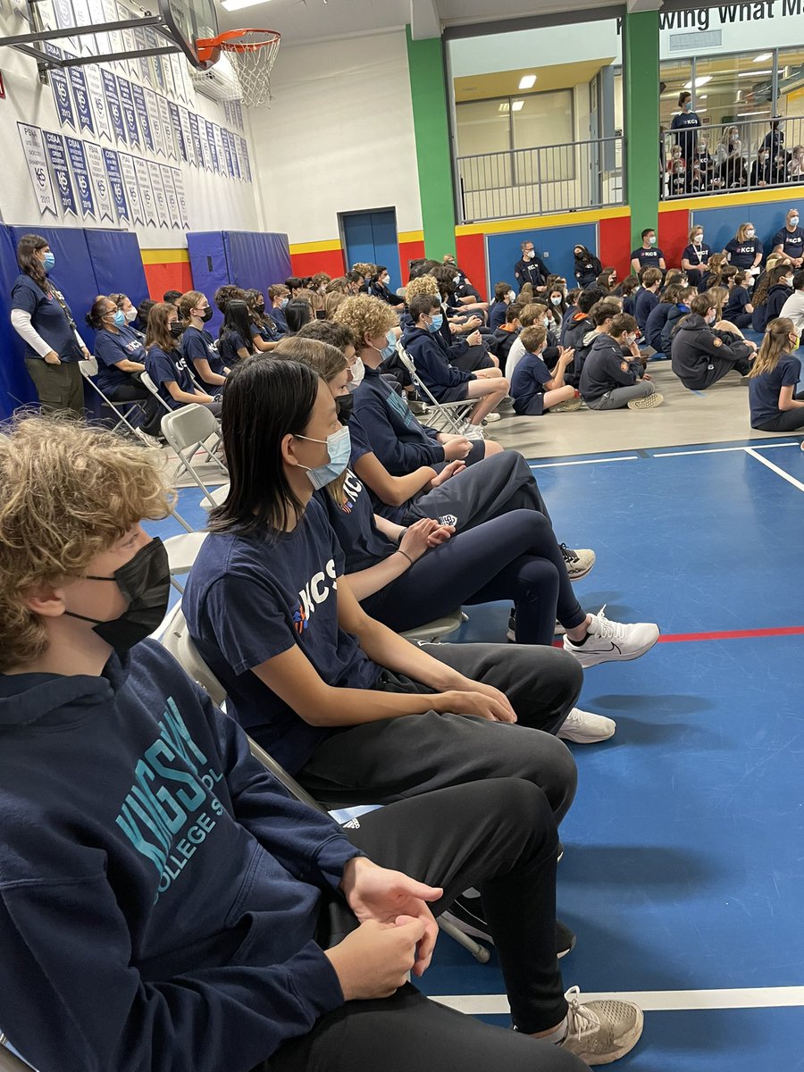 RickKunc's tweet photo. Great to have Mr. Logan leading our first in person assembly @KCSMatters in a long time. For almost half the room it was their first in person assembly! And the first KCS assembly with grade 9 students ever. Happy Friday! https://t.co/0onlKEk4tl