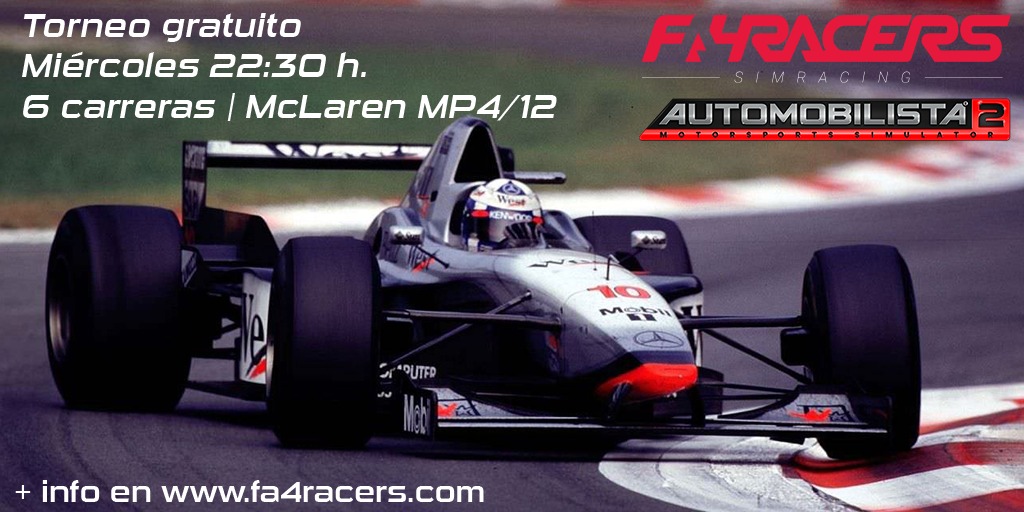 FA4RACERS's tweet photo. ¡Nuevo campeonato para Automobilista 2! Constará de 6 carreras en circuitos míticos, con el McLaren MP4/12, todos los miércoles sobre las 22:30. Apúntate con nosotros, ¡es gratuito! Como siempre, solo exigimos limpieza, respeto y compromiso 😉
+ info: https://t.co/Hl5IXBw99W https://t.co/gA4r8hrLGW