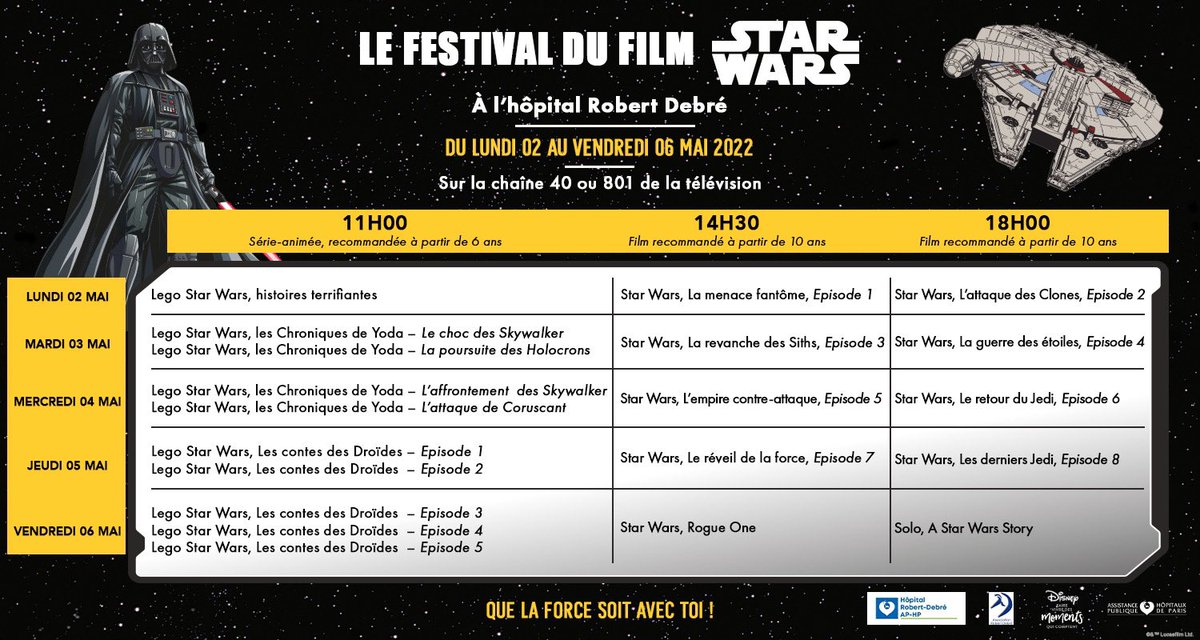bariasdisney's tweet photo. Cette semaine, pour célébrer #Maythe4th, #disneyfr organise le festival du film #StarWars @hopital_necker @HopRobertDebre #hôpital Trousseau. 3 programmes #StarWars par jour, diffusés gratuitement sur les télés en chambres, pour partager les valeurs de force, courage & espoir❤️ https://t.co/haJis62z35