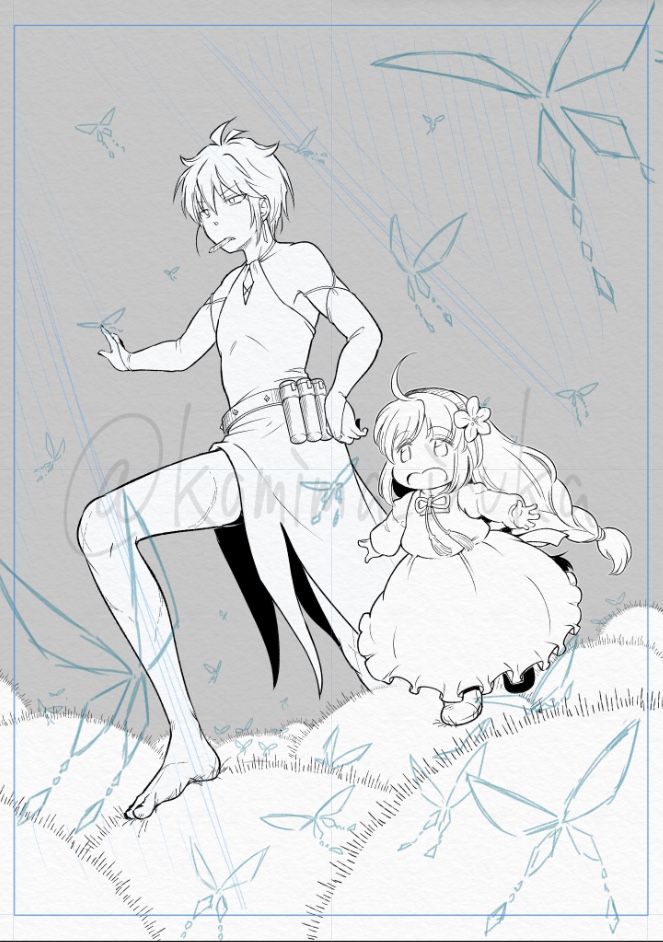 メイン線画のペン入れ完了!
あとは塗りながらディテール描き込んでいく
明日・明後日でおわらせれば、予定通りに進むかな〜
 #アザミの森 