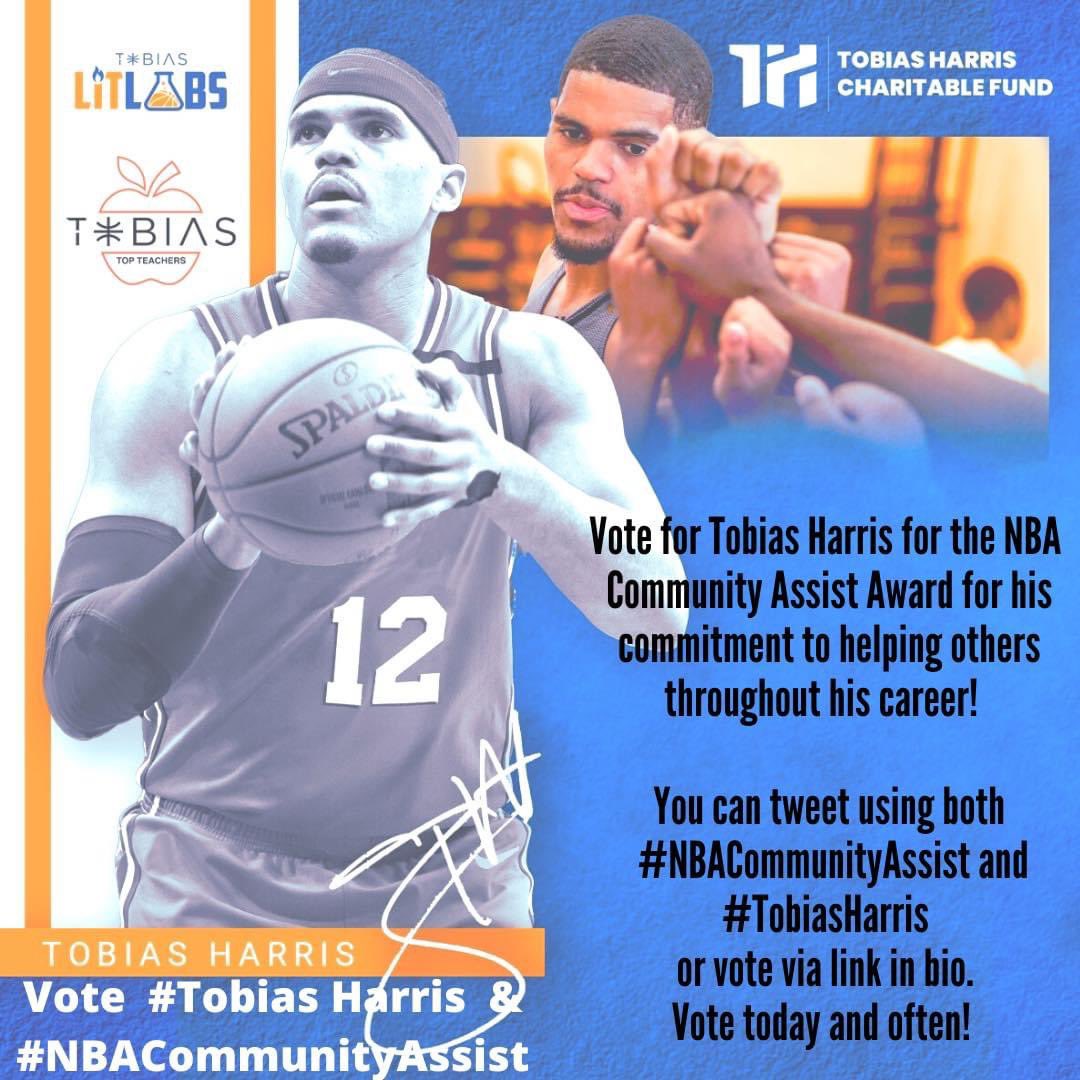 DAFrizzG's tweet photo. Please Vote for #TobiasHarris for the #NBACommunityAssist award. Im voting for him as he cares deeply and works hard toward equity in education! It’s simple, tweet your vote or go to the link in the bio of @TobiasFund and vote using the link. #GoSixers https://t.co/pVzDy9KaN5