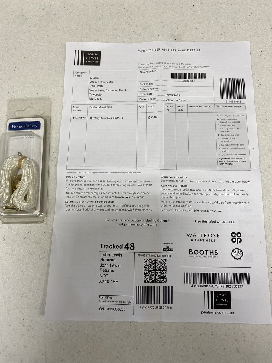 TheRealLottieC's tweet photo. @JohnLewisRetail @johnlewishelp ordered some amethyst earrings for a friends 40th which is tomorrow-just collected the parcel and have received picture frame hooks - luckily opened the parcel in store and returned straight away BUT now I’m £55 down and no present for friend! https://t.co/UZ2eiPDV4E
