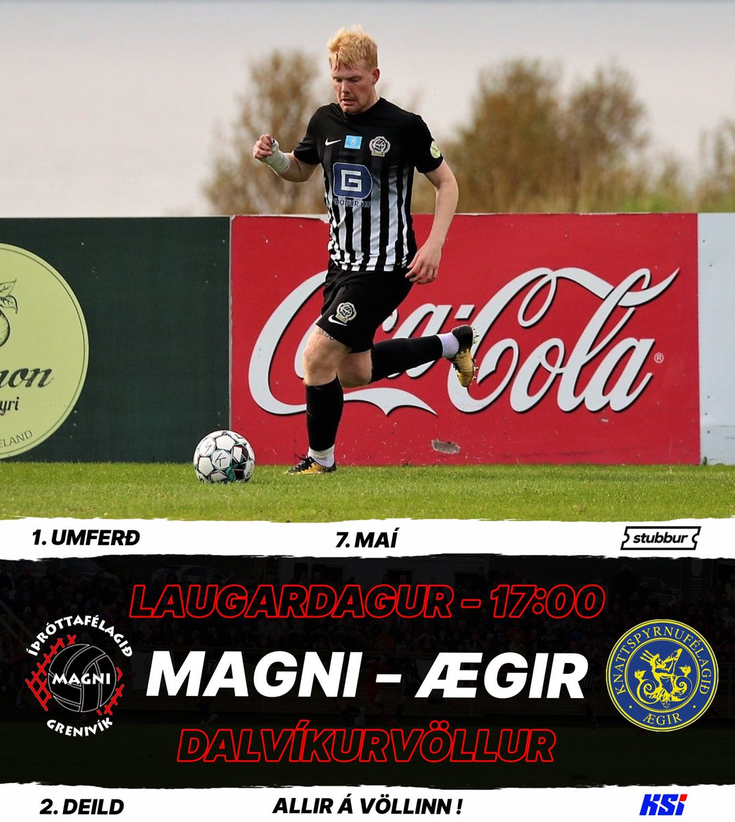 ⚫️⚪️ Magni - Ægir 🟡⚫️

Magnamenn taka á móti nýliðum Ægis frá Þorlákshöfn á laugardaginn. Leikurinn er kl. 17:00 á Dalvíkurvelli.

🎟 Miðar á leikinn <a href="/stubburapp/">Stubbur</a>
🎥❌ Engin útsending á Magni TV

#fotboltinet #ástríðan <a href="/AEgirOfficial/">Ægir FC</a>