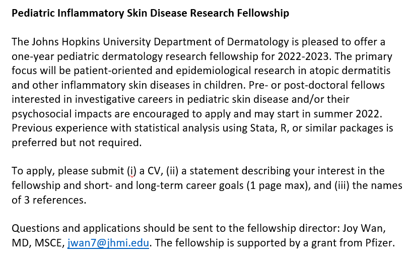 DrJTakeshita's tweet photo. Interested in #pediatric #dermatology and #clinical #research? Check out this fantastic opportunity to work with Dr. Joy Wan @HopkinsMedicine in a one-year research #fellowship to start this summer 2022. Supported by a @pfizer fellowship grant. @PeDRAResearch @nationaleczema https://t.co/rwiI9ts8zH