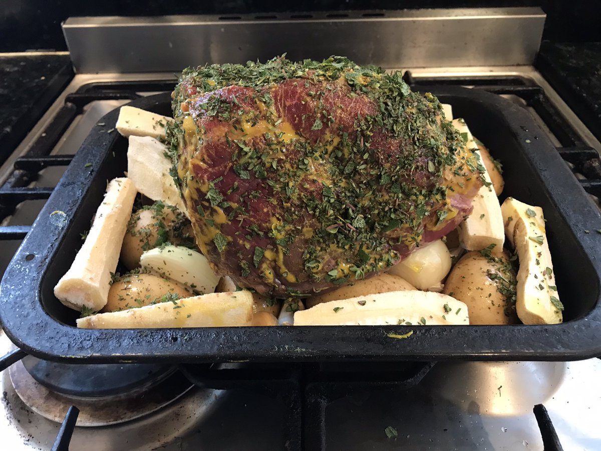 This is what good grassland management is all about. A hunk of marbled topside of Welsh beef from award winning J Yeomans &amp; partners, about to slow roast in a rub of mustard with fresh herb crust, resting on a bed of home grown parsnip and garlic. Mmm <a href="/NufarmUK/">Nufarm UK & Ireland</a>