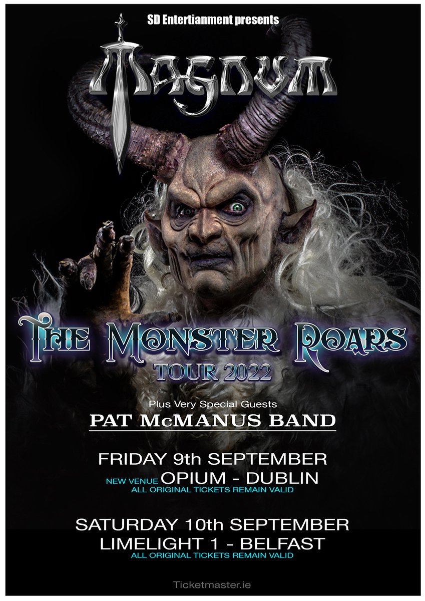 Due to circumstances beyond our control Magnum have been forced to make alterations to our Irish dates in September.  All tickets for Belfast and Dublin shows will remain valid (please see poster below)
We're really sorry for any inconvenience caused.