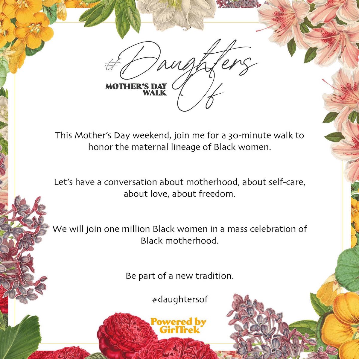 GirlTrek's tweet photo. Use this question to start your #DaughtersOf conversation this Mother’s Day weekend, when you’re out on your walk with the woman in your life.
Have you sent them the invitation to walk with you yet? We can’t wait to hear your stories. ✨ https://t.co/FykSuVatu1