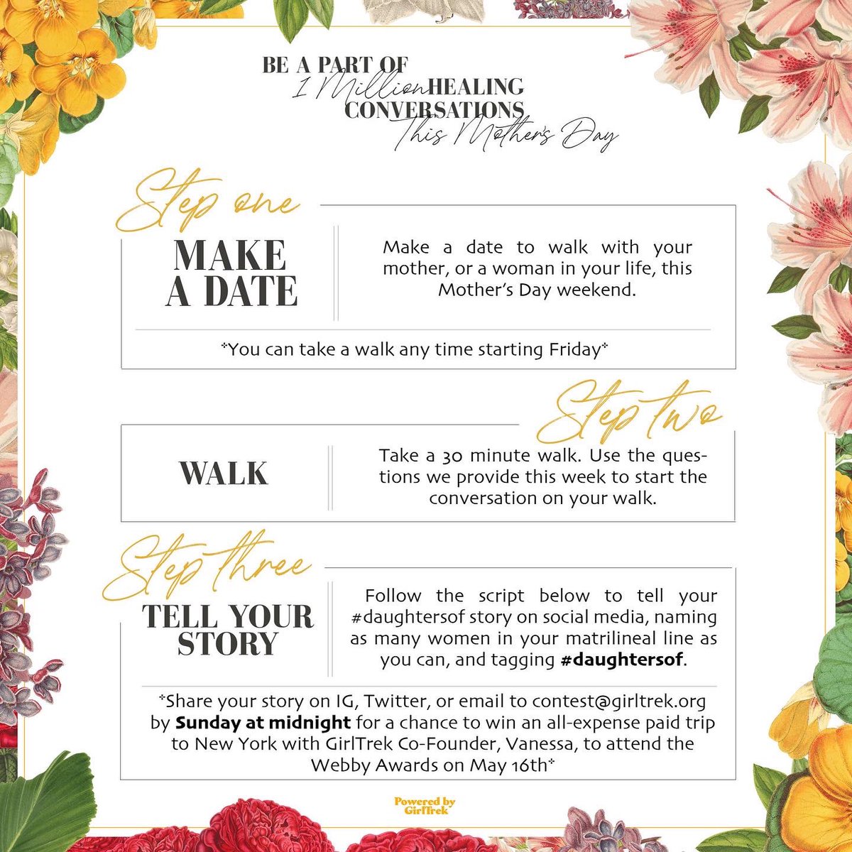 GirlTrek's tweet photo. Use this question to start your #DaughtersOf conversation this Mother’s Day weekend, when you’re out on your walk with the woman in your life.
Have you sent them the invitation to walk with you yet? We can’t wait to hear your stories. ✨ https://t.co/FykSuVatu1