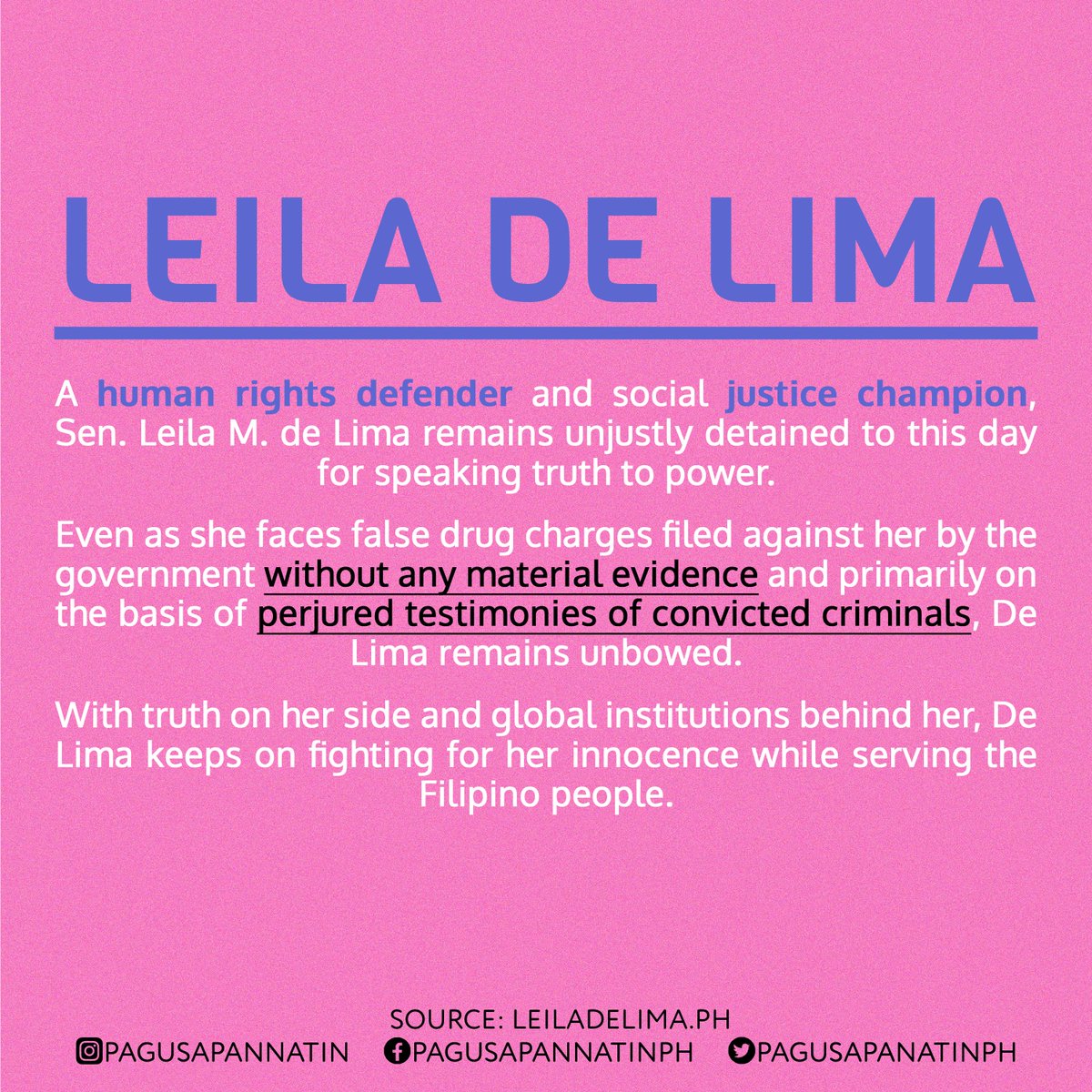 pagusapanatinph's tweet photo. (1/3) “To my oppressors: jailing me despite my innocence is your burden to keep.

To the Filipino people: No matter the persecution, I will never stop fighting.”

Pag-usapan at kilalanin natin si Leila de Lima.

#FreeLeilaDeLimaNow
#18DeLima https://t.co/AwylycB8ha