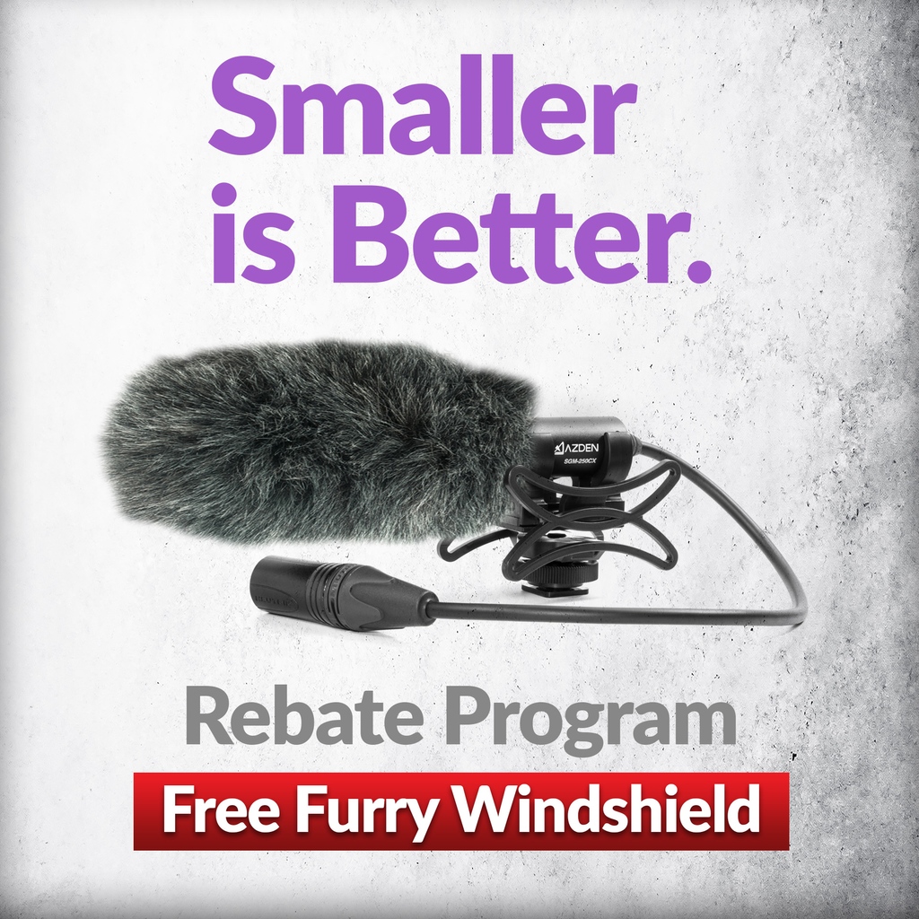 Our Free Furry Windshield Rebate is ongoing through the month of May. Buy any new SGM-250CX or SGM-250MX microphone from Azden.com or an authorized reseller and you'll qualify to receive a free furry windshield. More details here: azden.com/rebates
