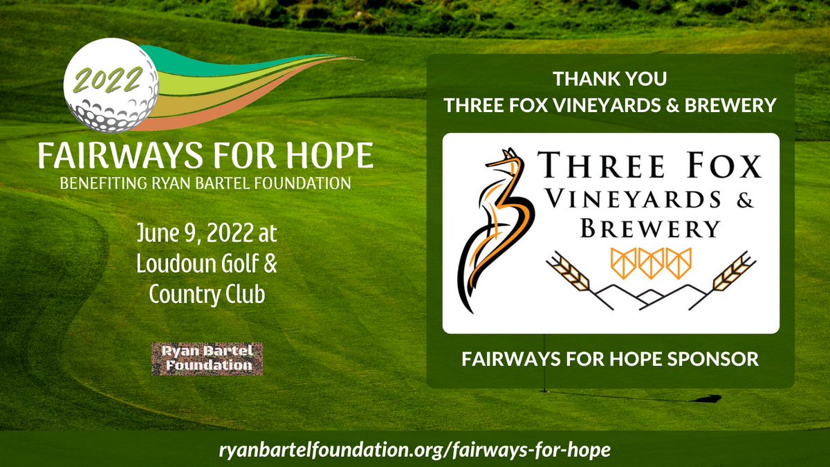 High Five Friday to <a href="/3FoxVineyards/">Three Fox Vineyards & Brewery</a> for sponsoring Fairways for Hope!
Golf, sponsor, or enjoy the cookout!
Fairways for Hope, June 9th at Loudoun Golf and Country Club, is selling fast. Register:
ryanbartelfoundation.org/fairways-for-h…

#FairwaysForHope #FairwaysForHope2022 #RyanBartelFoundation