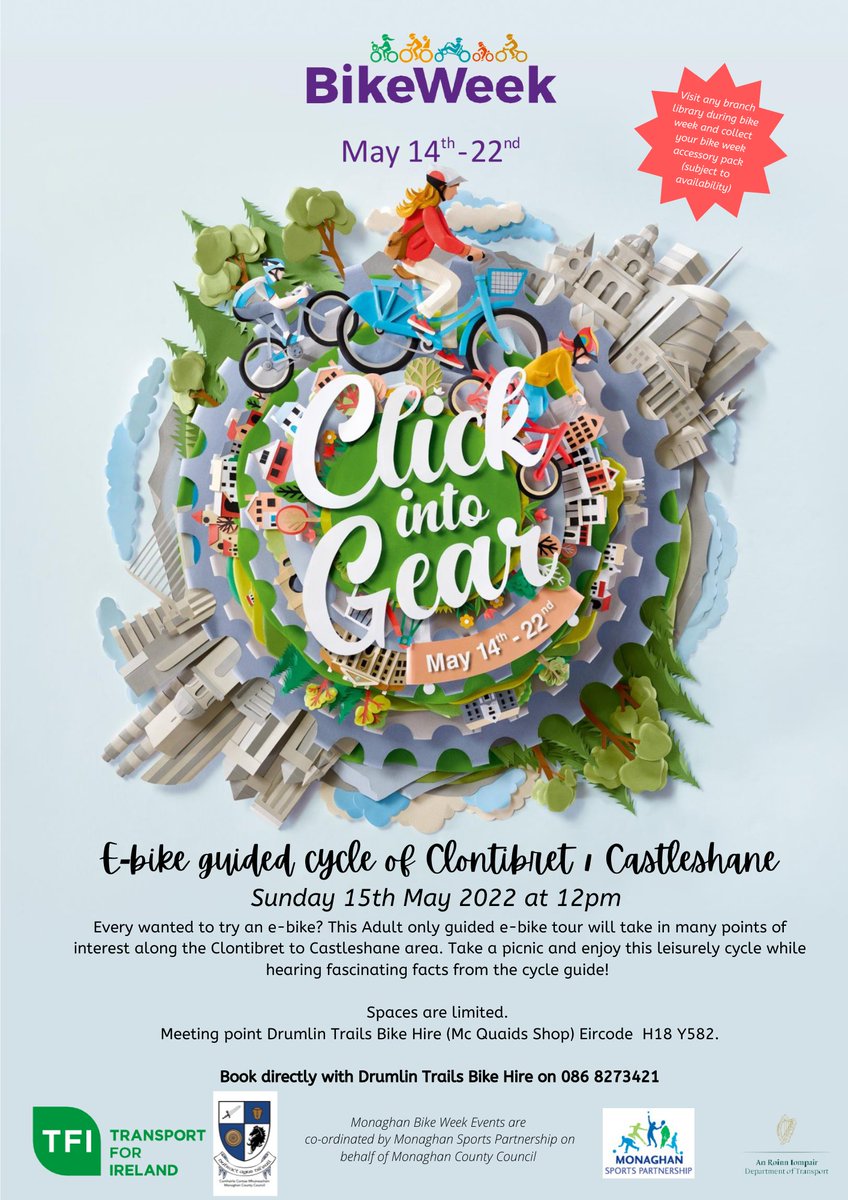 MonaghanCoCo's tweet photo. Every wanted to try an e-bike?
Come along to our E-bike guided cycle of Clontibret/Castleshane (Next Sunday 15th May 2022 at 12pm)
Book directly with Drumlin
Trails Bike Hire on
086 8273421
#Clickintogear #BikeWeek2022 #BikeWeekMonaghan #onyourbike https://t.co/R08OsnLKQS
