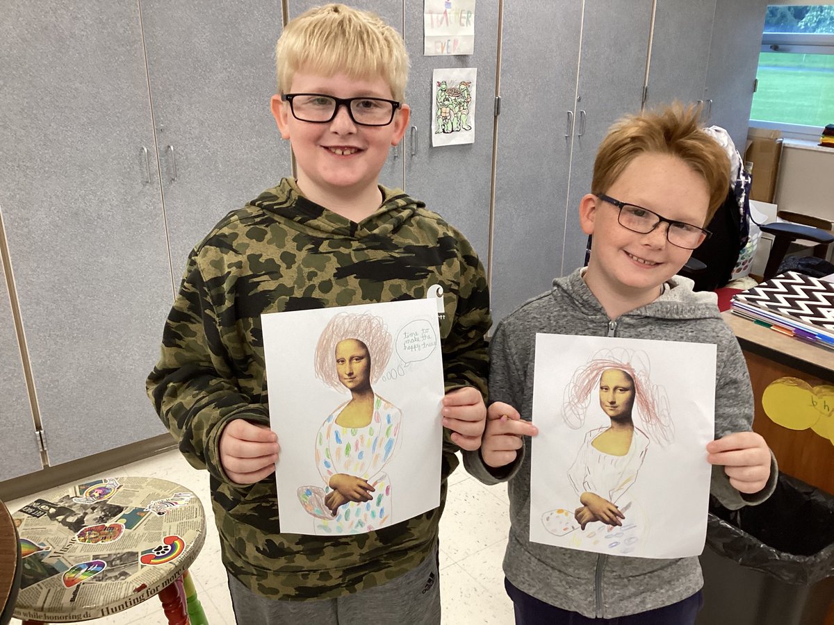 MrsKrinn's tweet photo. A few third graders wondered what Mona Lisa would look like if she were Bob Ross. Meet Lisa Ross. #BHESart https://t.co/GlVNcS8jsX