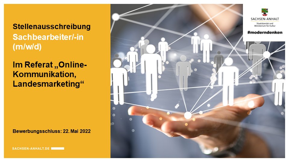Sie sind kreativ, kommunikativ, motiviert und im Internet zu Hause? Für Sie ist # mehr als eine Raute? Haben Sie Lust, den verantwortungsvollen Bereich der Online-Kommunikation und des Landesmarketings mitzugestalten? Dann bewerben Sie sich ▶️ lsaurl.de/JobStk