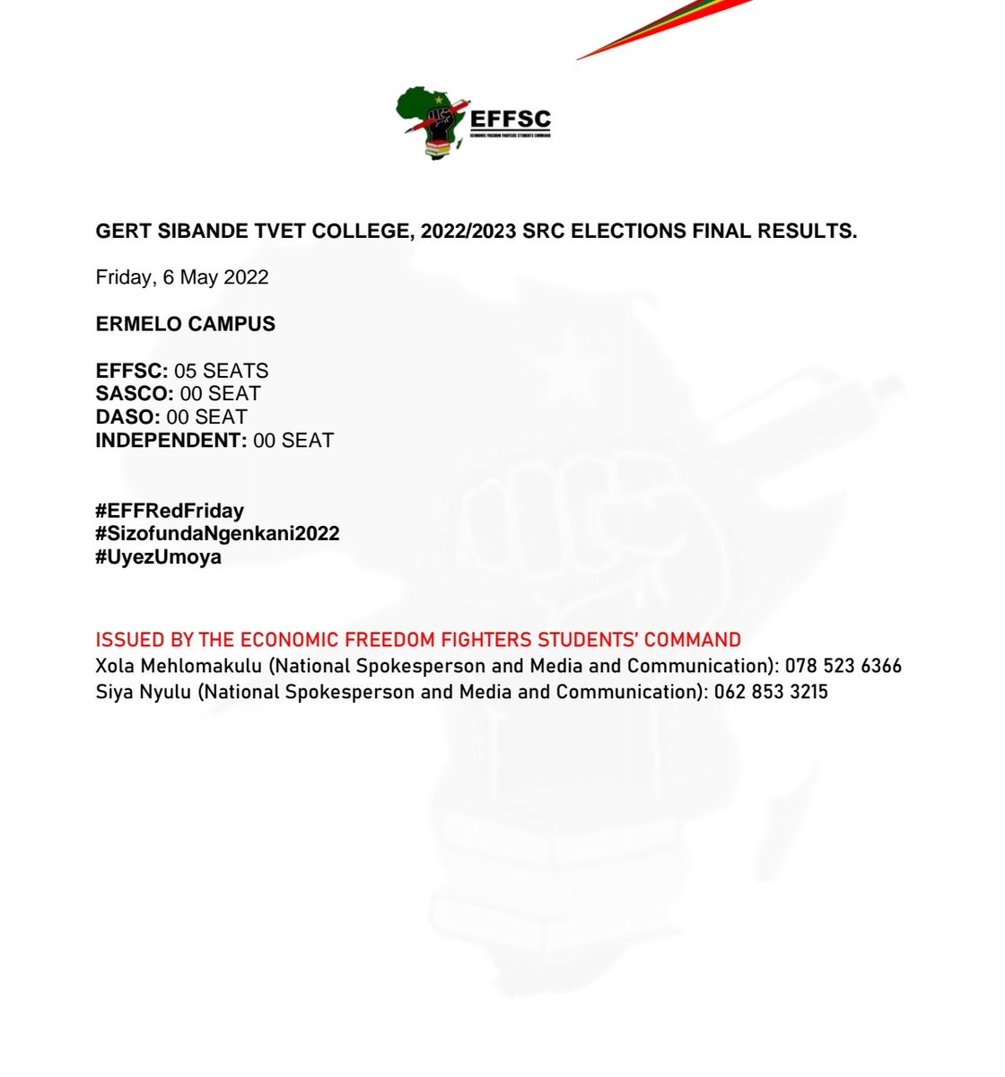 EFFYouthCommand's tweet photo. GERT SIBANDE TVET COLLEGE, ERMELO CAMPUS 2022/23 SRC ELECTIONS FINAL RESULTS.
Friday, 6 May 2022
#VoteEFFSC
#LearnPersuade&Conscientize
#EFFRedFriday
@EFFSouthAfrica https://t.co/R59B8au2xA
