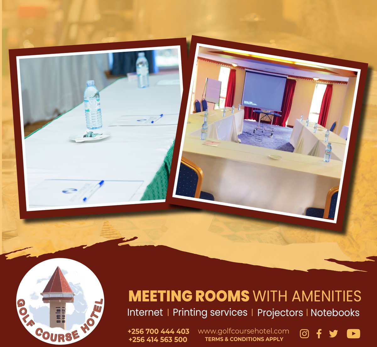 Meetings and conferences are more efficient with the right assistants and amenities such as these in our venues.
To book in advance, call  us now on +256414563500or Whatsappp us on +256700444403 
#Golfcourse #Hotel #Meeting #Venues #Comfort #Kampala