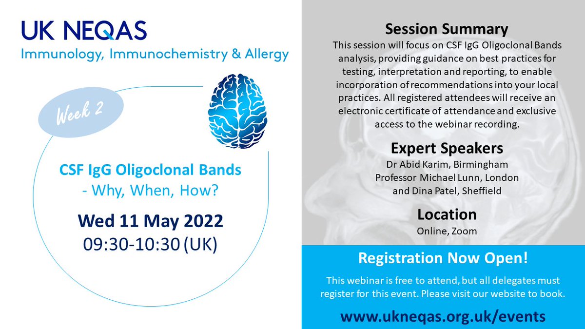UKNEQAS's tweet photo. Don't miss the @ukneqasiia #Zoom #webinar next #Wednesday! CSF IgG Oligoclonal Bands...with expert speakers Dr Abid Karim, Prof. Michael Lunn & Dina Patel. Booking your place is just a click awayโฉhttps://t.co/wOOo9Swyd5
#CSFAnalysis #TeamUKNEQAS #TeamUKNEQASIIA #FeelGoodFriday https://t.co/V5uSLxc6Tl