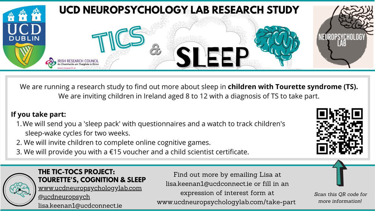 We're looking for more families of children with Tourette syndrome in Ireland to participate in our research study about tics and sleep! 

Sign up now to receive your study pack and take part from home: ucdneuropsychologylab.com/take-part