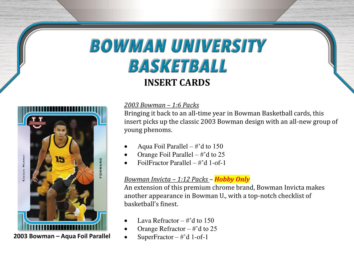 MintHeadquarter's tweet image. 2022年6月1日 発売予定🏀2021-22 TOPPS BOWMAN UNIVERSITY BASKETBALL HOBBY【製品情報】 | Trading Card Journal tradingcardjournal.com/2022/05/%f0%9f… トップス社MLB公式トレーディングカードの定番商品ボウマンシリーズから大学バスケットボールが新登場！#topps #toppsbowman #basketballcards #バスケ #トレカ