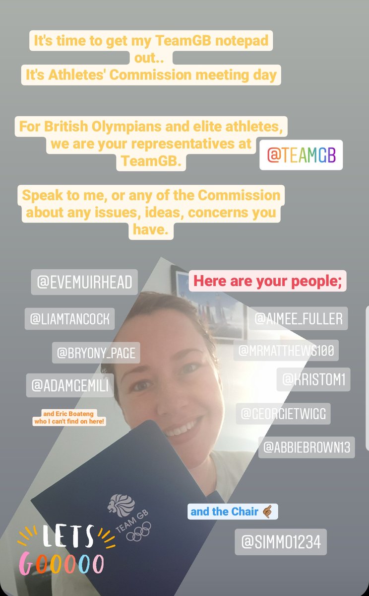 Lizzy Yarnold (@lizyarnold) on Twitter photo I'm excited to spend some time today volunteering on the <a href="/TeamGB/">Team GB</a> Athletes' Comission. Your representatives are tagged below, plus
<a href="/evemuirhead/">Eve Muirhead OBE</a> <a href="/EricBoateng/">Eric Boateng</a> (I can only tag 10 😅), plus <a href="/AliBrownleetri/">Alistair Brownlee</a> who is the EOC Athletes' Commission representative. I'm excited to spend some time today volunteering on the <a href="/TeamGB/">Team GB</a> Athletes' Comission. Your representatives are tagged below, plus
<a href="/evemuirhead/">Eve Muirhead OBE</a> <a href="/EricBoateng/">Eric Boateng</a> (I can only tag 10 😅), plus <a href="/AliBrownleetri/">Alistair Brownlee</a> who is the EOC Athletes' Commission representative.