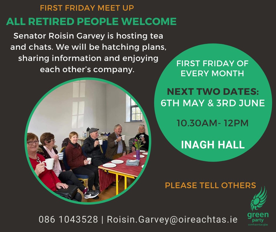 RoisinGarvey's tweet photo. The First Friday Meetup for May is happening this morning 10.30am in Inagh Hall all retired people welcome.
Spread the word, bring a friend, offer someone a lift....

#FirstFridayMeetUp #Inagh #InaghHall https://t.co/kWMzHj7das