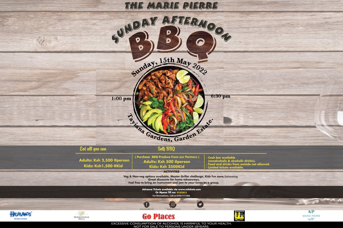 MariePierreLife's tweet photo. Think of succulent piece of lamb, potato, chicken, veggies straight from the grill onto your plate! You definitely can't miss out on this Sunday plan. @goplacesdigital @happycowdairy @HighlandsKenya  Tickets via @MticketsEvents_  #SunBBQ #Food #Drink #Outdoors #Family #Friends https://t.co/NMseLp9iGO