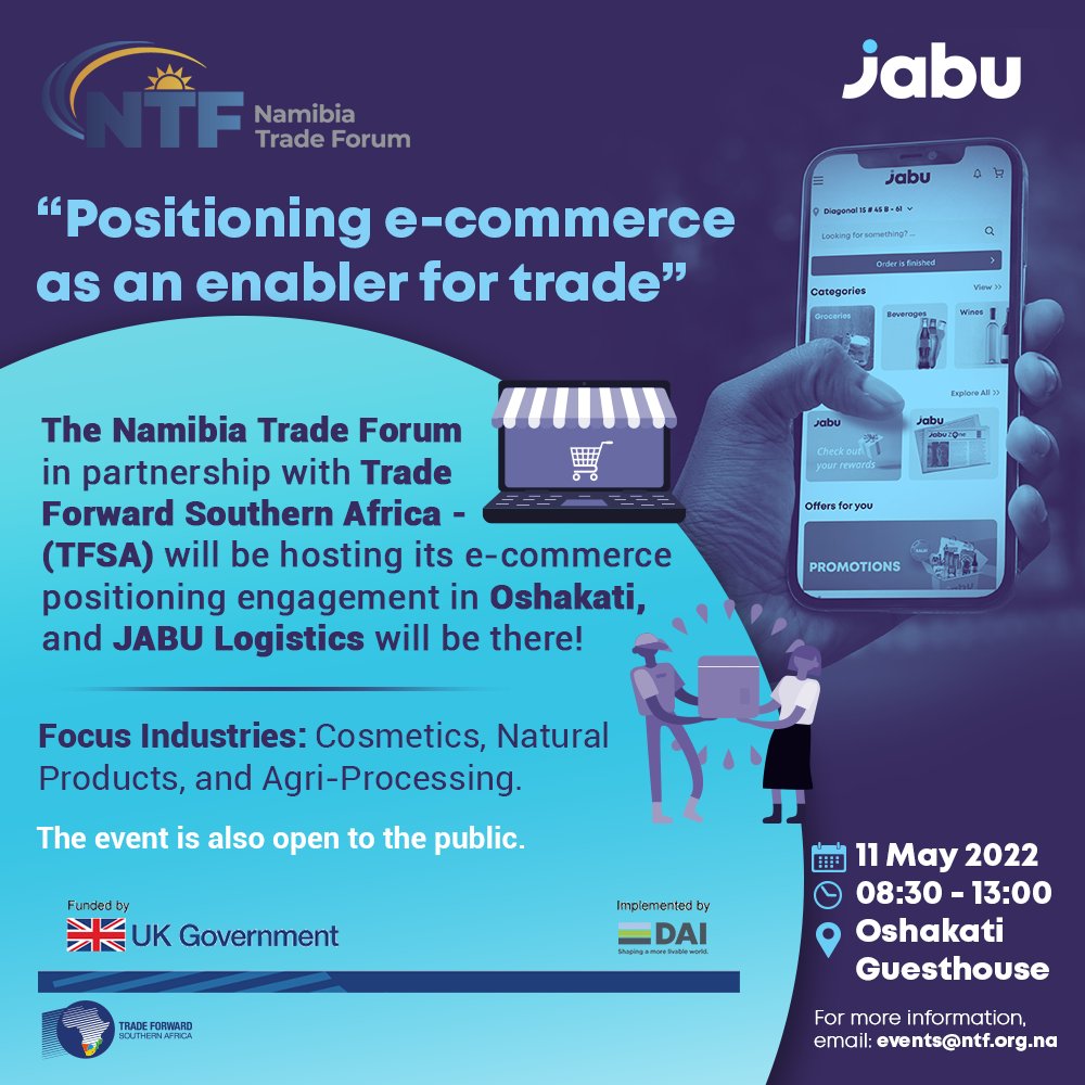 JabuLogistics's tweet photo. JABU will be at the next launch of the e-commerce platform positioning engagement, hosted by the @NTFNamibia in partnership with Trade Forward Southern Africa (@forward_trade) in Oshakati!
#JABU #WeDeliverGoodLuck #ExportTradeStartsHere #ecommerce #TheAfricaWeWant https://t.co/HQ3oZYRfkS