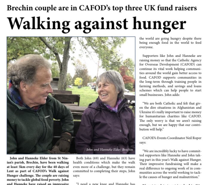 DunkeldDiocese's tweet photo. https://t.co/mfZuUUgdAJ #walkagainsthunger @CAFOD Brechin couple are top Scottish fundraisers - #westies this story and more in the latest Dunkeld News. https://t.co/lbuWQgfxr3