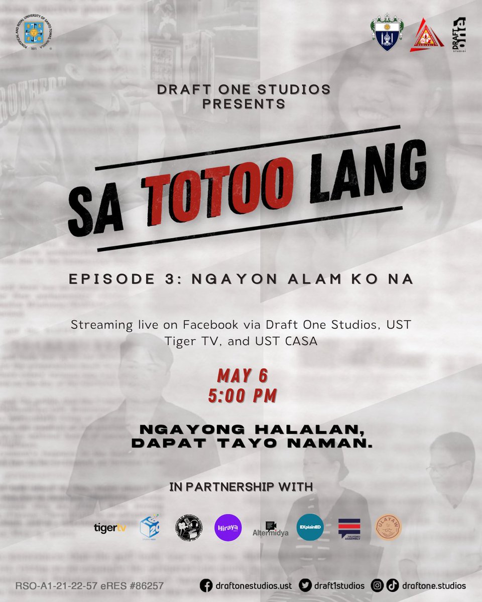 draft1studios's tweet photo. HAPPENING NOW: Samahan ang Draft One Studios at sundan ang ating mga diskusyon tungkol sa parating na halalan sa pangatlo at huling episode ng Sa Totoo Lang!

You may watch live on this link:
https://t.co/OatzkKKkWL https://t.co/ai4Rtx4jNa