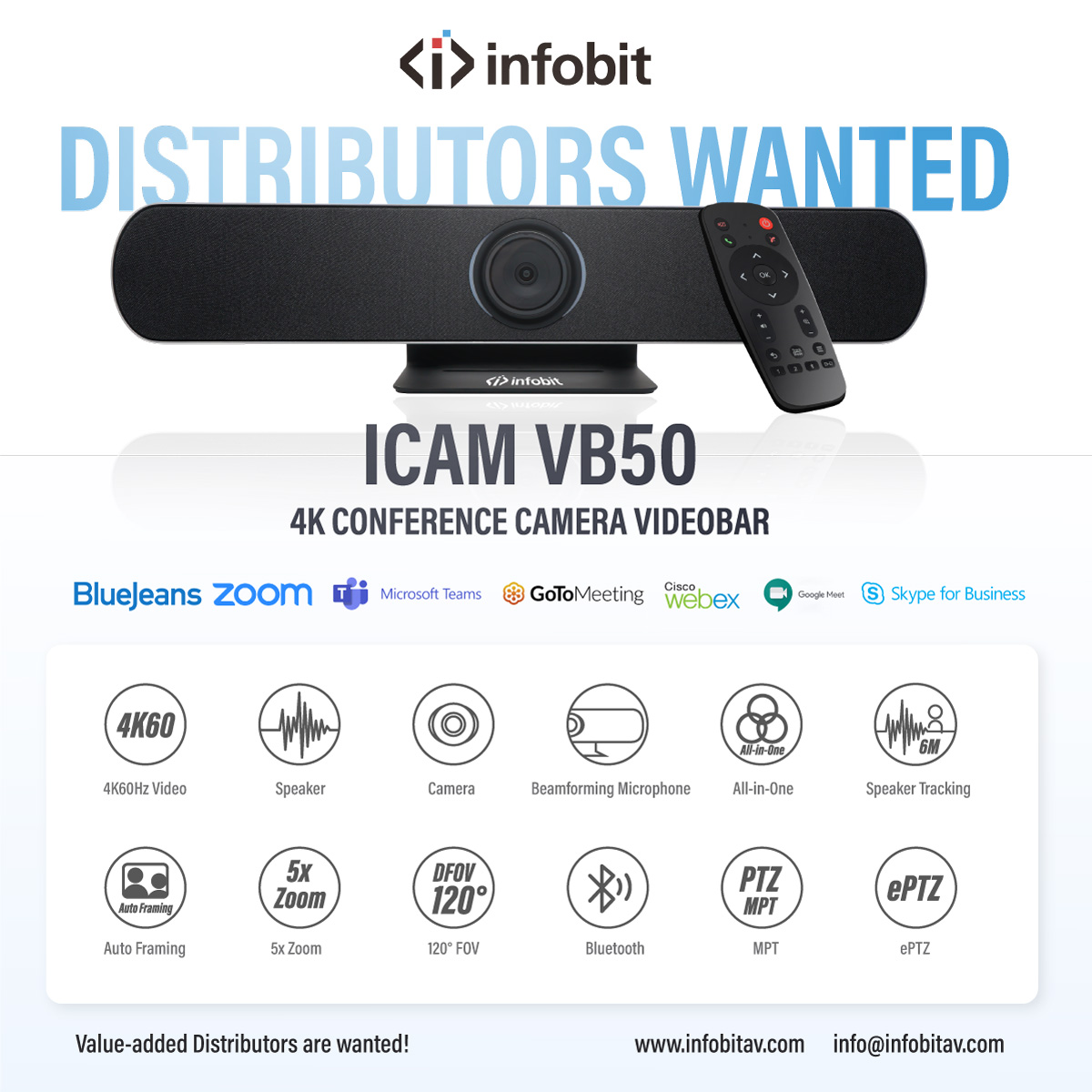 infobitav's tweet photo. #INFOBIT iCam VB50 All in One conference camera with speaker and beamforming mic. 4k60, 110ยฐ HFOV with ยฑ15ยฐ Pan/tilt. Speaker tracking, auto framing, Bluetooth and HDMI Out. #VB50 #allinonecamera #usbcamera
https://t.co/VWwe1C8hdW https://t.co/T76jvfurIb