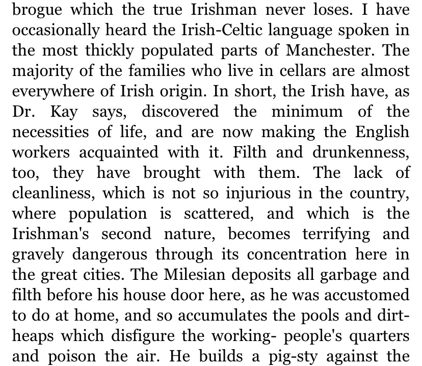 elvenjig_'s tweet photo. Sosyalizmin kurucusu Friedrich Engels’in İngiltere’de bulunan İrlandalı göçmenler için yazdıkları. Bunları şuan yazınca ırkçı diyorlar. Adam bildiğin “irlandalılar bokun pisliğin içinde yaşıyor sürekli içiyor, en aza razı oluyorlar ingiliz işçilerini de aşağı çekiyor” demiş 🤡🤡 https://t.co/Jup5tudzts