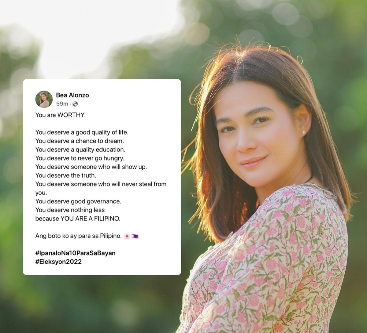 inquirerdotnet's tweet photo. ‘YOU DESERVE NOTHING LESS BECAUSE YOU ARE A FILIPINO.’ 

LOOK: Actress Bea Alonzo has expressed support for the presidential bid of VP Leni Robredo and reminded voters of the kind of governance they deserve as election day draws near.  #VotePH https://t.co/Aj4fWrSHdA