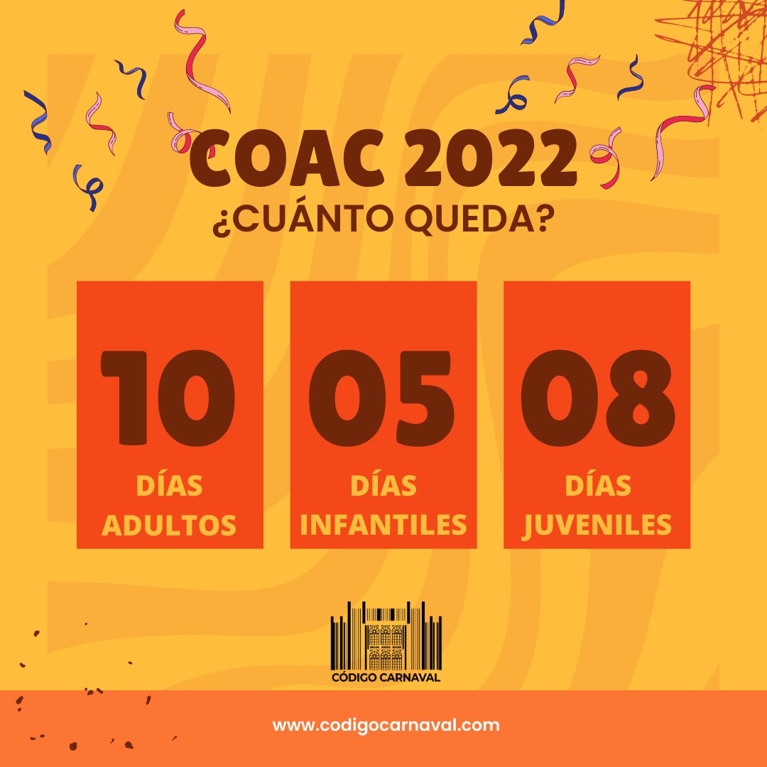 codigocarnaval's tweet photo. Cuenta atrás del #COAC2022. ¡Ya queda menos!
#carnavaldecadiz #codigocarnaval https://t.co/JQLyrF53lS