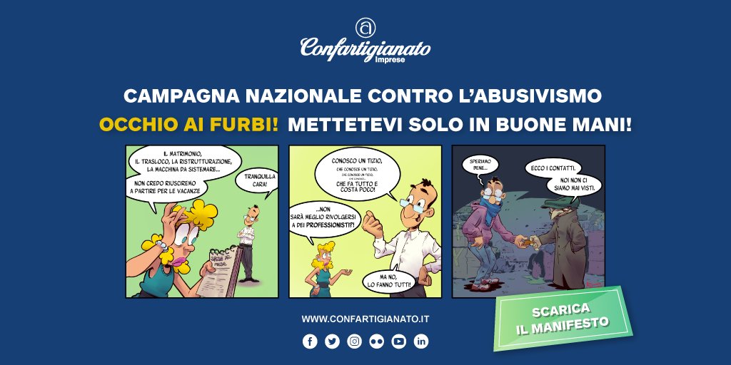 confartigianato's tweet photo. 🔵 “Occhio ai furbi! Mettetevi solo in buone mani” è il titolo della campagna di #Confartigianato contro #abusivismo, una piaga che vale 202,9 miliardi di euro e l’11,3% del Pil italiano.  

Scopri il manifesto: https://t.co/EJdvbkdKhh
#CostruttoridiFuturo
#NoiConfartigianato https://t.co/qUuUP0oSe1