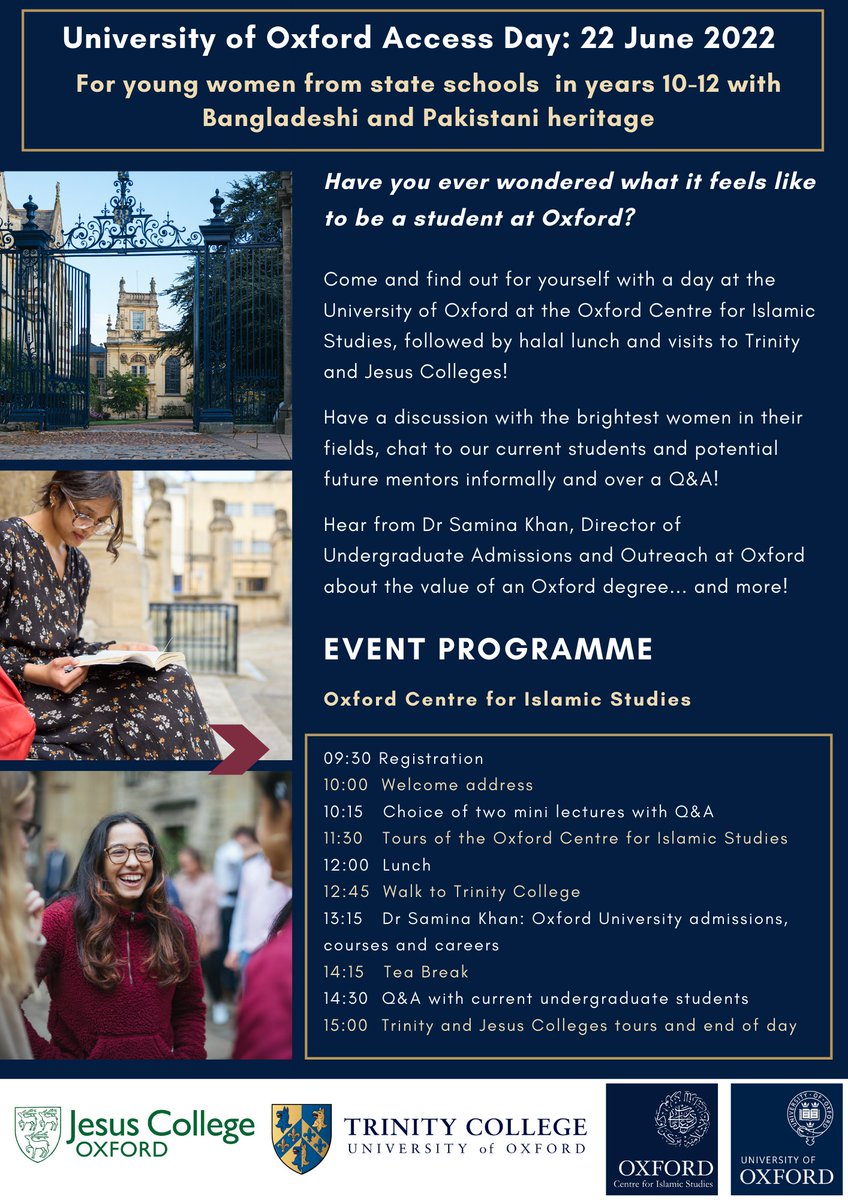 We are very pleased to be working with <a href="/OxOutreach/">Oxford Undergraduate Admissions</a> and <a href="/jesus_access/">Jesus College Access</a> to run a special access event for young women 12 with Bangladeshi and Pakistani heritage! If you or someone you know is in year 10-12, join us on 22 June at <a href="/OCISOxford/">Oxford Centre for Islamic Studies</a>!