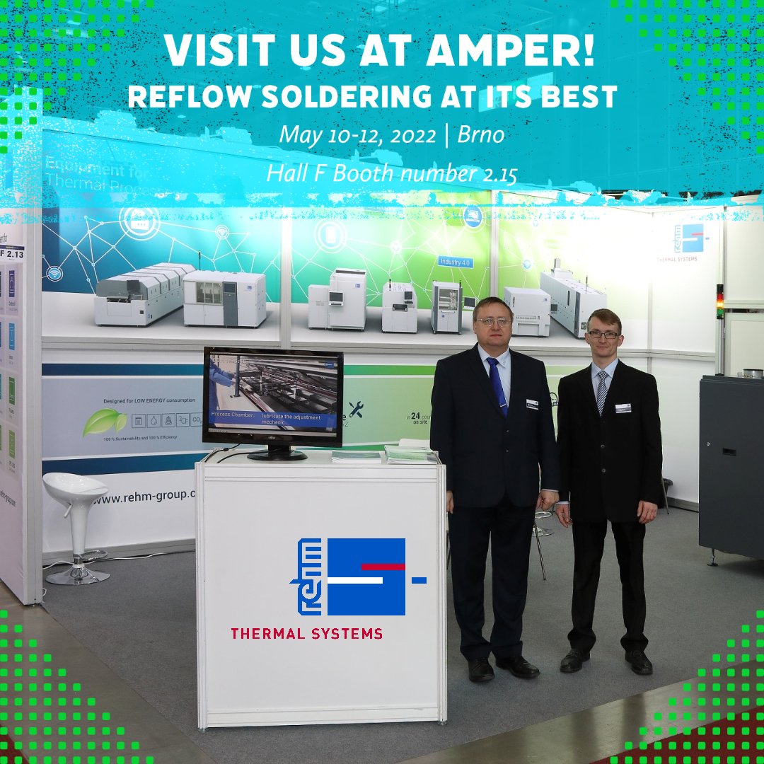 👉AMPER in Brno, Czech Republic, has become one of the largest trade events for the electronics industry in Europe. 
Rehm will be presenting a CondensoXC Vac for #condensationsoldering there from 17 to 20 May 2022.

Visit us in Hall F, Stand 2.15.
amper.cz/en.html