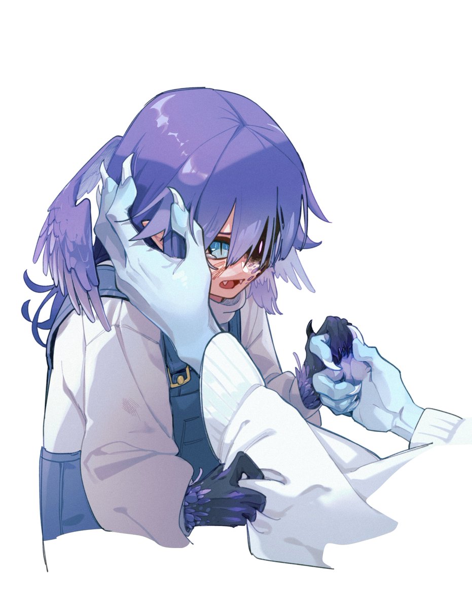 selen tatsuki blue eyes overalls head wings white background heterochromia purple hair 1girl  illustration images