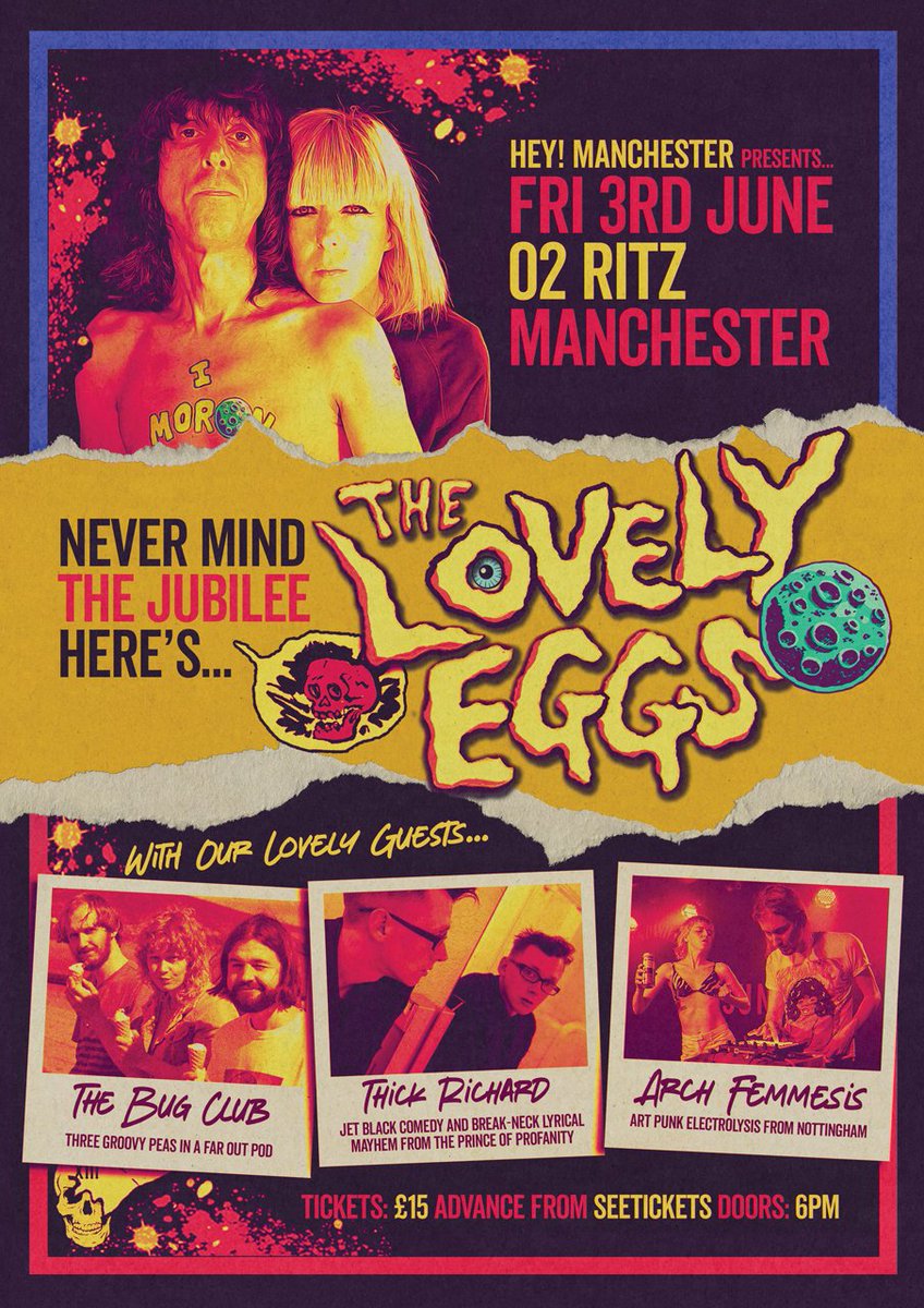heymanchester's tweet photo. CONFIRMED: The full line-up for @TheLovelyEggs' Jubilee Bank Holiday show at @O2RitzManc features @thebugclubband, #ArchFemmesis and @theThickRichard! Read more and book now: https://t.co/Hc3iQPRMLg https://t.co/6UjFMUgol2