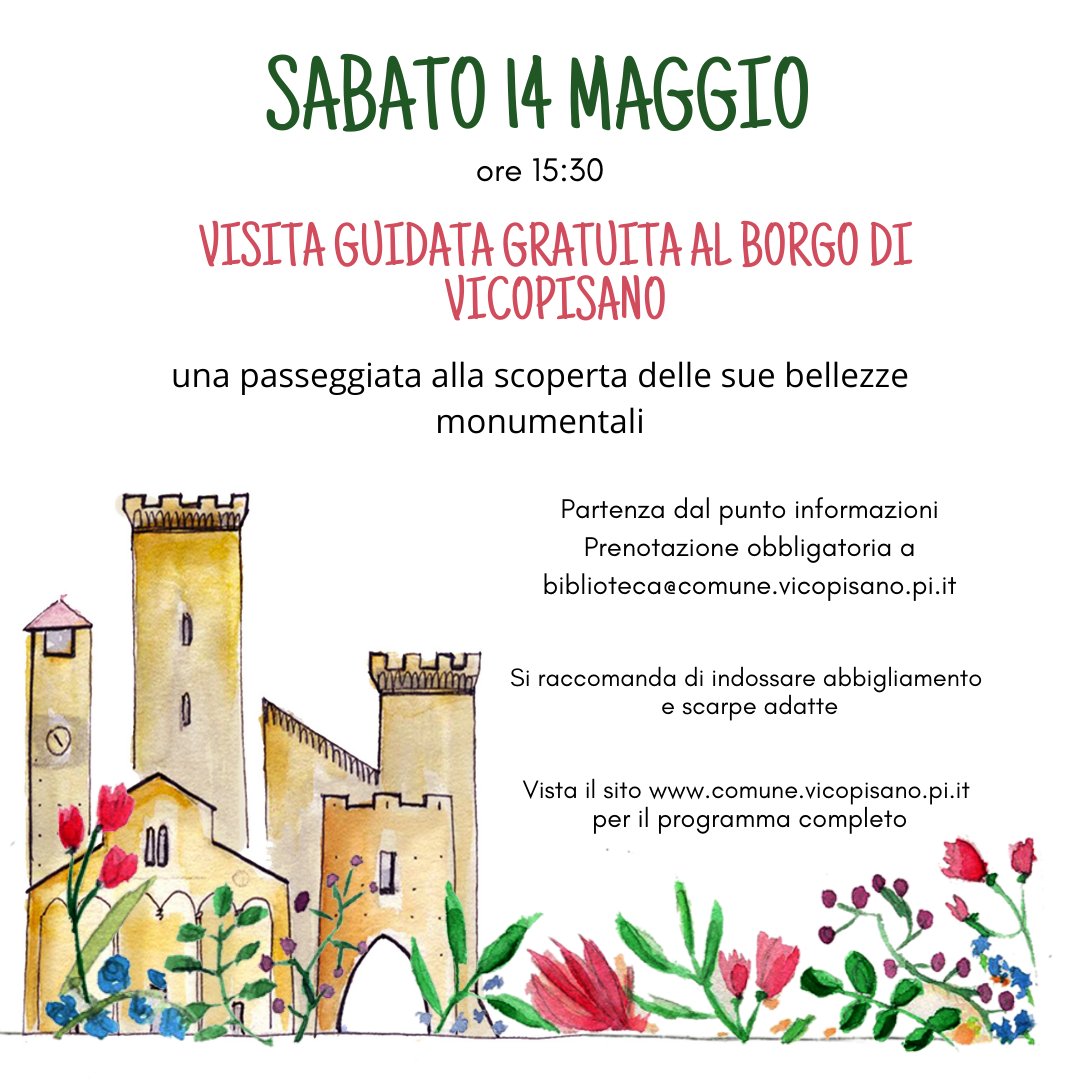 VicopisanoF's tweet photo. 🏰 Ci sono ancora molti posti liberi per la visita guidata GRATUITA al borgo di Vicopisano di sabato 14 alle ore 15:30.
Non lasciatevi sfuggire questa occasione unica! https://t.co/IVA7YJU7MO