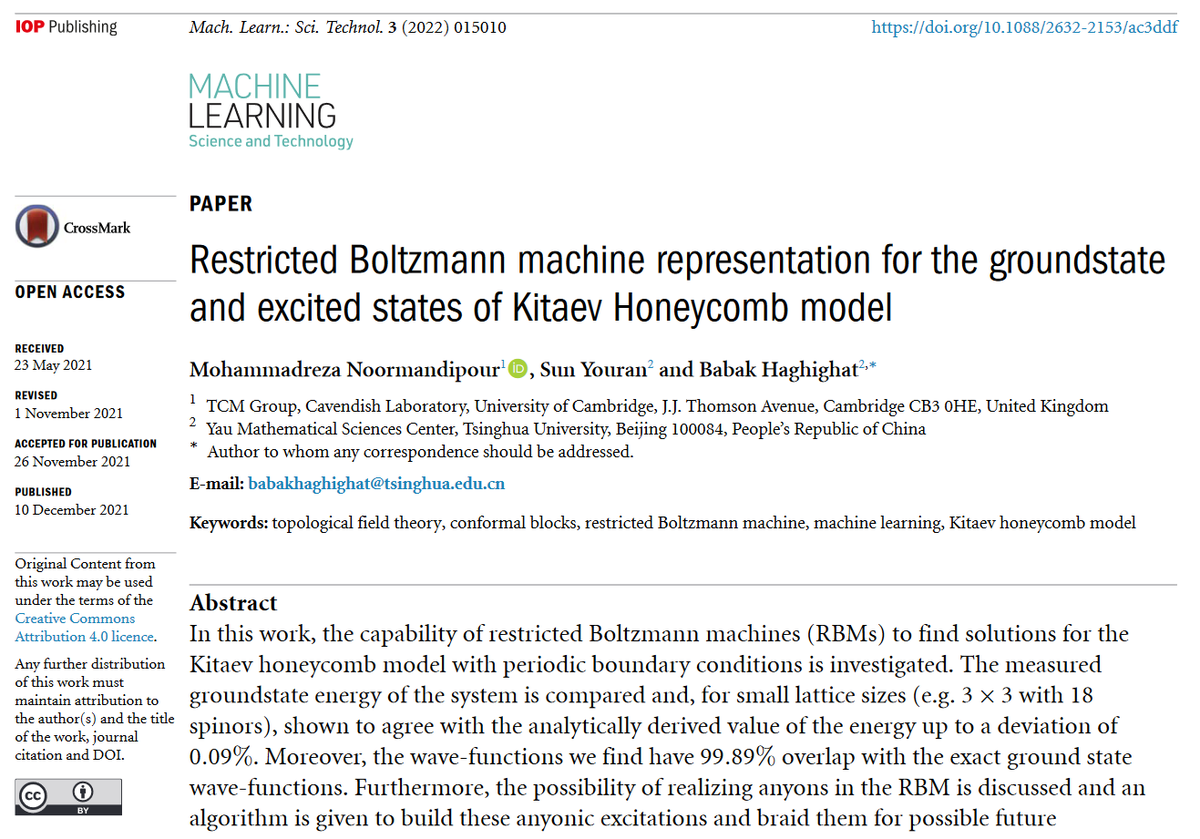 MLSTjournal's tweet photo. 'Restricted #BoltzmannMachine representation for the groundstate and excited states of #Kitaev Honeycomb....' by @MrNoormandipour S Youran and B Haghighat @DeptofPhysics @Tsinghua_Uni hits 500 downloads! https://t.co/53rqSYQAq6 #quantum #condmat #machinelearning #AI #materials https://t.co/JBHwza46Mq