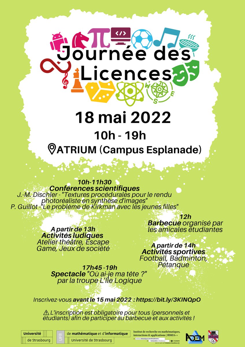 La Journée des Licences aura lieu le 18 Mai de 10h à 19h.
Inscrivez vous sur le formulaire pour pouvoir participer : bit.ly/3KINQpO

La date limite d'inscription est fixée au Dimanche 15 Mai inclus.

En espérant vous voir nombreux !
