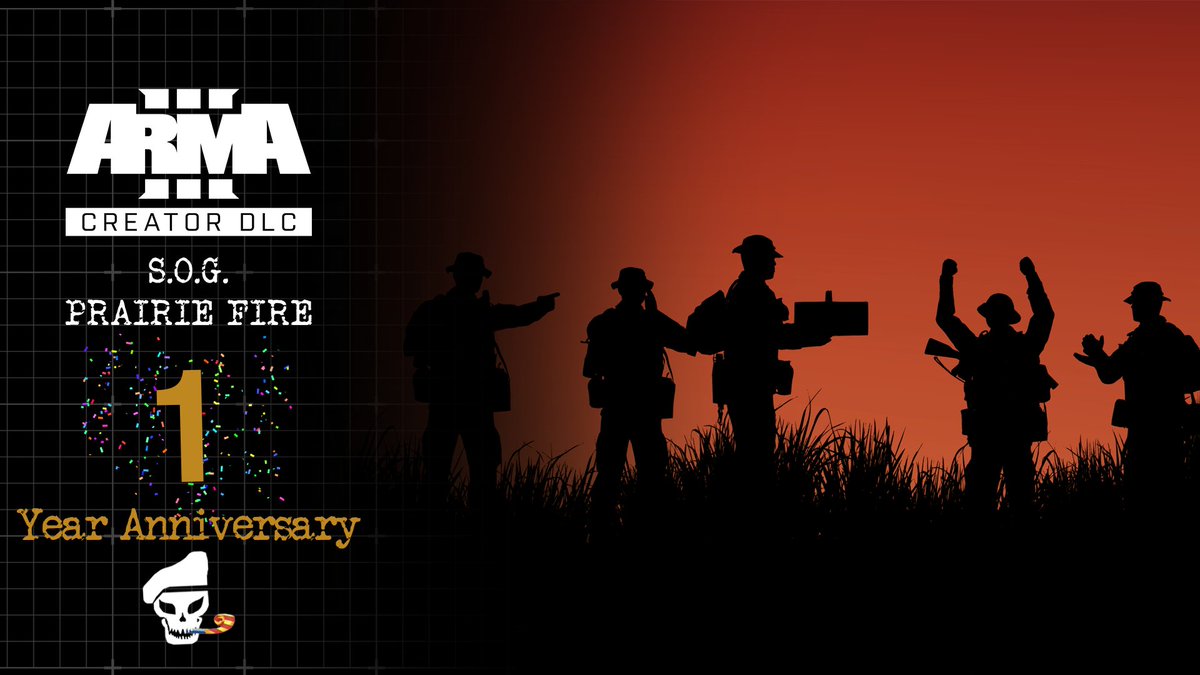 It's been a whole year since we officially released on Steam. We thank you all for playing S.O.G. Prairie Fire. We cannot wait to show you what's coming next.

To celebrate it, the devs will be playing Mike Force on the TFAR servers today, and everyone is free to join!
#Arma3