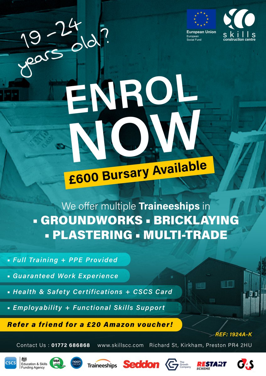 Are you 19-24 and unemployed? Contact Skills Construction Centre and book your enrolment at our Kirkham Centre!
#Construction #trade #training #constructiontraining #cscscard #CSCS #Skillscc #Kirkham