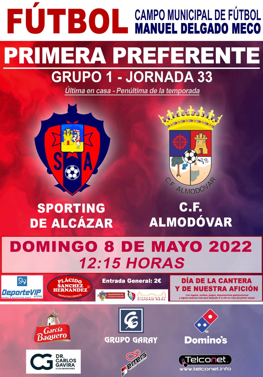SportingAlcazar's tweet photo. ⚽️#FútbolDeVerdad - Última en casa, penúltima de liga

Domingo 8 -12:15

➡️@SportingAlcazar vs @CFAlmodovar 

🏆Día de la Cantera y de nuestra afición en el que reconoceremos el trabajo y los triunfos de la @E_FutbolAlcazar

🎁Regalos, juegos, degustaciones

🎟Entrada general 2€ https://t.co/oQ0Et1UW2C