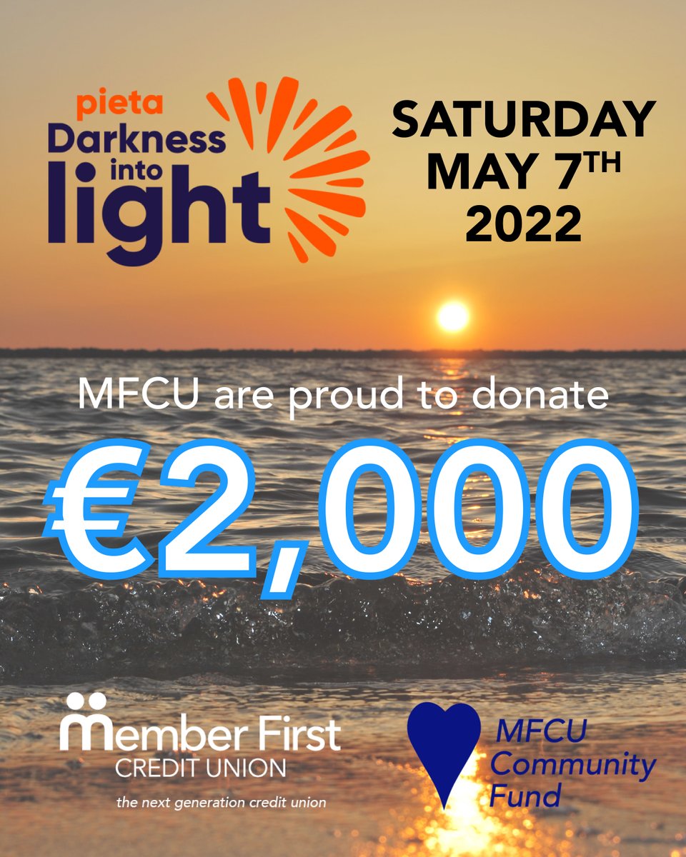 mfirstcu's tweet photo. Each year our staff take part in #DarknessIntoLight and we pledge a donation of €2,000 to Pieta House from the #MFCUCommunityFund.
Take part in Darkness Into Light tomorrow morning (May 7th) at sunrise.
@PietaHouse @ElectricIreland #DIL2022 https://t.co/6VHO6BKLYt
