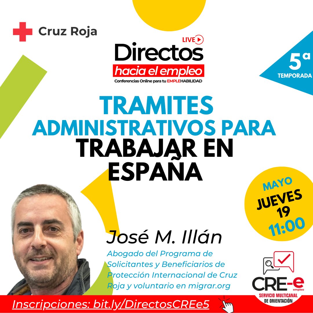MulticanalCREe's tweet photo. 📺𝗗𝗶𝗿𝗲𝗰𝘁𝗼𝘀 𝗵𝗮𝗰𝗶𝗮 𝗲𝗹 𝗘𝗺𝗽𝗹𝗲𝗼: Trámites Administrativos para #TrabajarenEspaña
📅 JUEVES 19 MAYO ⏰11:00 (peninsular).
✏Inscripciones: https://t.co/nTSaX7I2i3
Con abogado Jose M. Illán especialista en migración de @cruzrojaesp y @FundacionMigrar 
#migracion https://t.co/RRIpg6PwDt