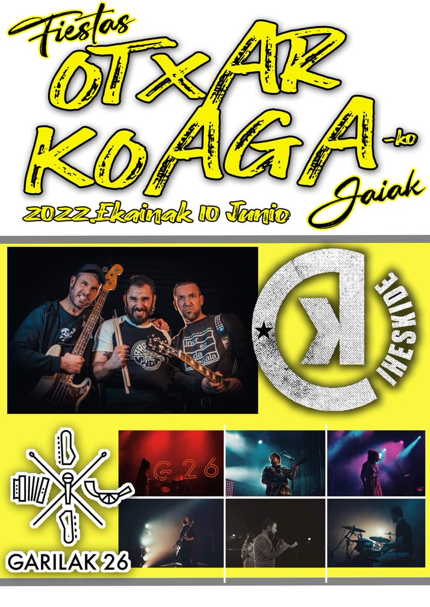 Gure auzoko jai batzordeko lagunak aurtengo kontzertuak iragarri dituzte. 
Ekainak 3 Ostirala: DUPLA +NIKOTINA
Ekainak 10 Ostirala: <a href="/iheskide/">IHESKIDE punkrock</a> + <a href="/garilak26/">GARILAK26</a> 
Kontzertuak Ugarte enparantzan izango dira.
Mundiala izango da💪 Galduko duzu?