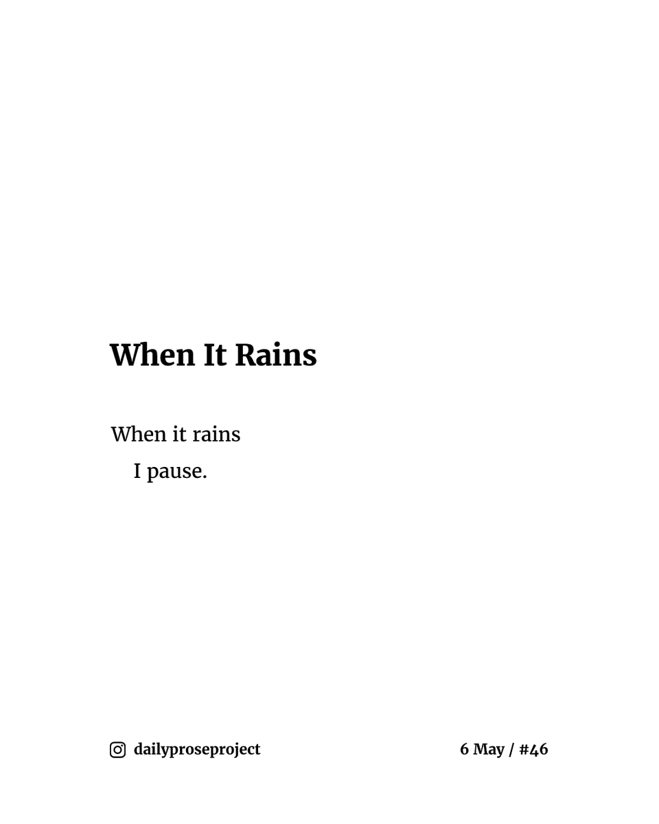 daily_prose's tweet photo. A new poem every day.

📔 6 May / #46 - "When It Rains"⁠

#poemoftheday #dailypoetry #dailyprose #poemaday #dailyproseproject https://t.co/1tzryb5aDk